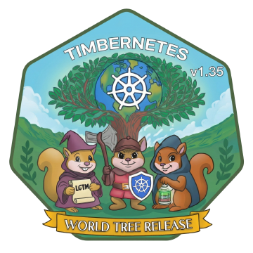 Kubernetes v1.35 Timbernetes logo: a storybook hex badge with a glowing world tree whose branches cradle Earth and a white Kubernetes wheel